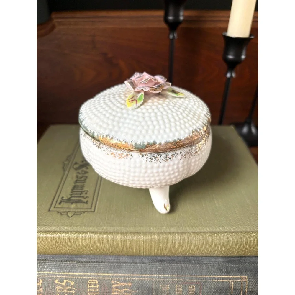 Vintage Ucagco Footed Trinket Box, Rose Lid, Made in Japan